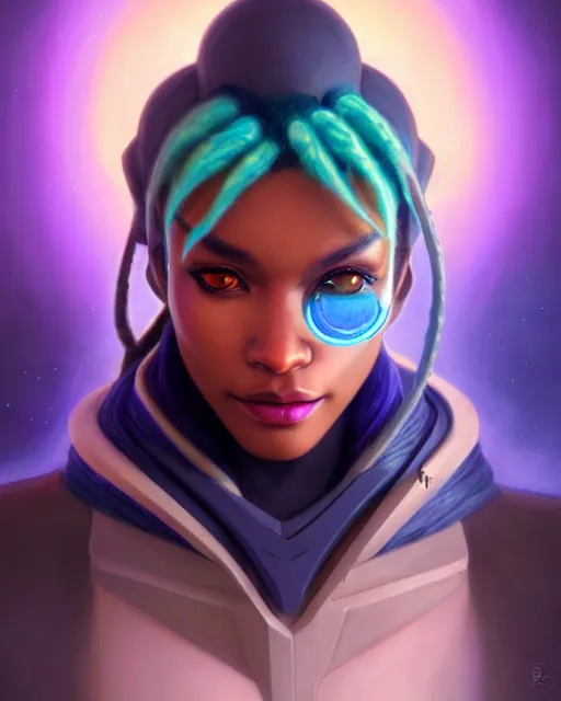 Image similar to sojourn from overwatch, bust, dreadlocks, gray hair, cyborg eyes, fantasy, fantasy art, fantasy, colorful, elegant, character portrait, portrait, close up, highly detailed, intricate detail, amazing detail, sharp focus, vintage fantasy art, vintage sci - fi art, radiant light, caustics, by boris vallejo