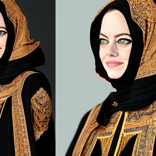 Prompt: A portrait of Emma Stone wearing Black Arabian Abaya, high quality, fully detailed, 4k, volumetric lightening