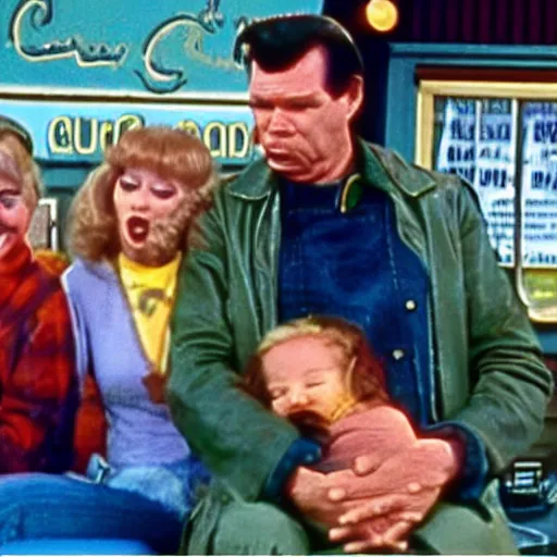 Image similar to screenshot of the crying family with the mallard in Al's diner from 70s comedy TV show unhappy days