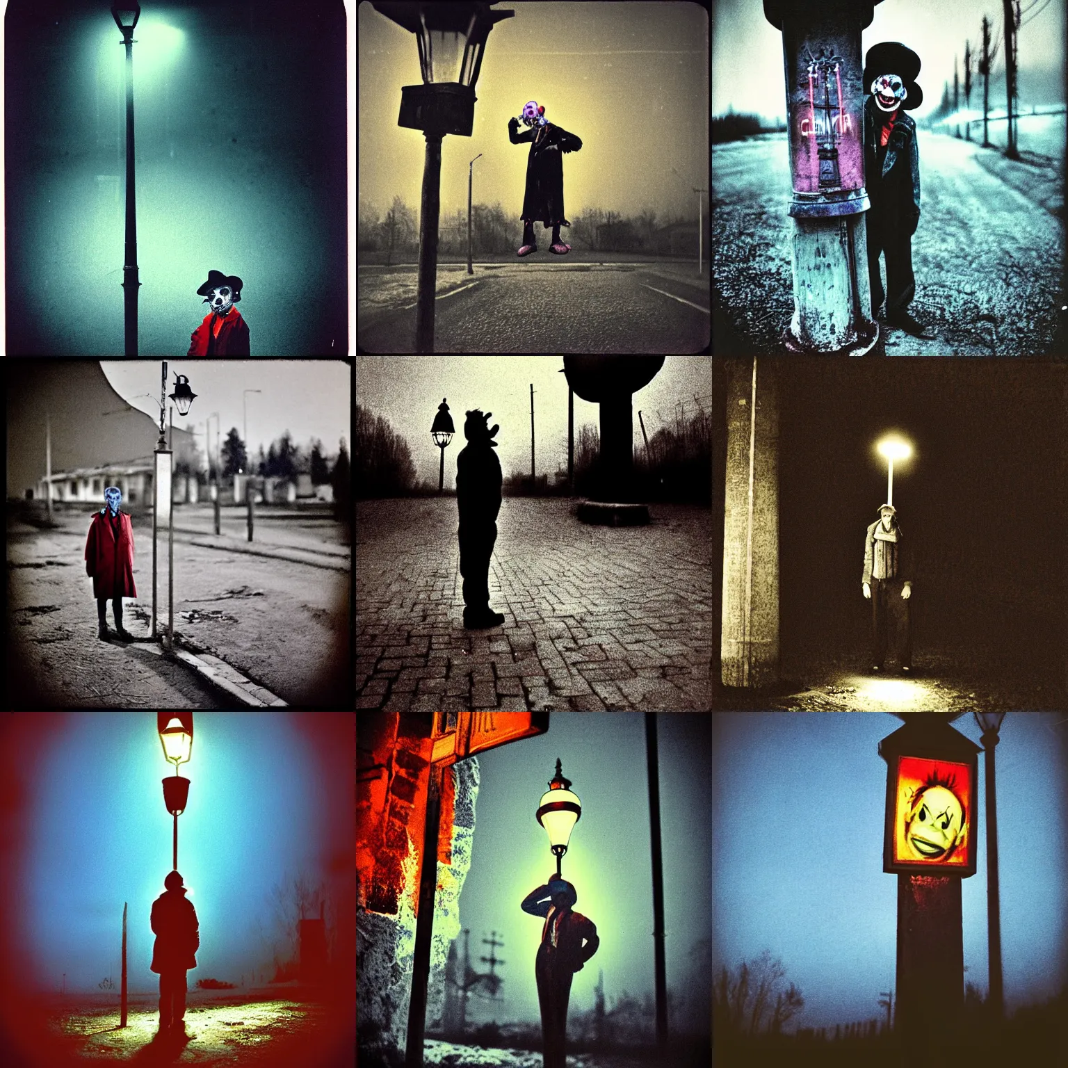 Image similar to a thin scary clown in torn clothes stands under a lamppost that shines a blue light on the clown, pitch darkness around the post, everything happens at night in an old Soviet village, the photo was taken from afar, Colourful, Cinematic, filmic, 35mm, dark atmosphere, horror, scary, Wildlife photography, Polaroid, bad quality