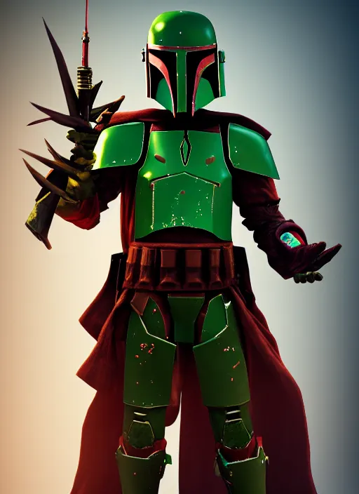 Prompt: arcane wizard x boba fett, fantasy inspired boba fett as a wizard, 3 d digital art, character mashup, epic volumetric lighting, combination art, photorealistic, sharp focus, aesthetic