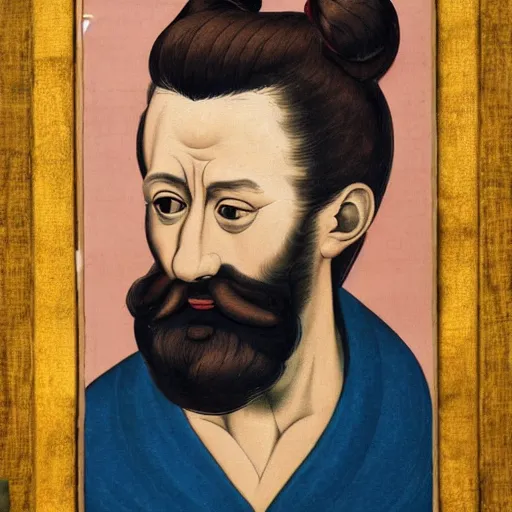 Image similar to portrait painting of surprising Michelangelo di Lodovico with topknot in the style of japanese cartoon