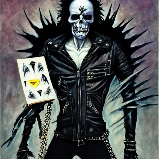 Image similar to a portrait of the grim reaper as a punk rocker playing an electric guitar, punk, skeleton face, mohawk, dark, fantasy, leather jackets, spiked collarsand wristbands, piercings, boots, ultrafine detailed oil on canvas painting by frank frazetta and vito acconci and and takeshi obata, death note style, symetric body, sharp focus