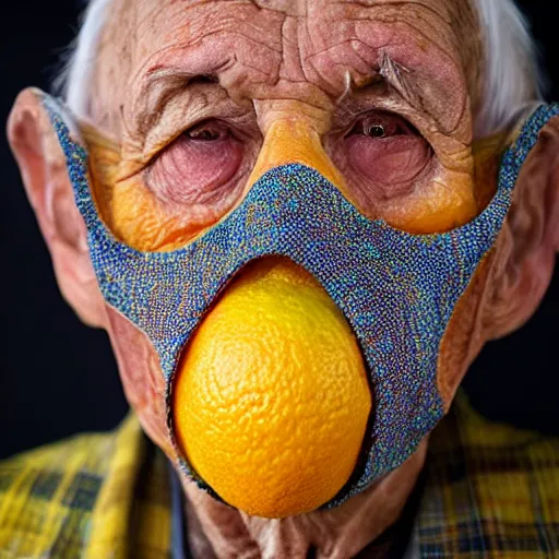 Prompt: an elderly man wearing a mask made from citrus, bold natural colors, national geographic photography, masterpiece, lemon, orange, lime, 8 k, raw, unedited, symmetrical balance