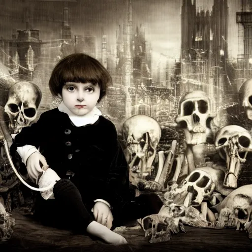 Image similar to a photo of young sad victorian gothic child with big eyes and wide grin sitting on a sofa of bones surrounded by a cyber futuristic cityscape made of human body parts, lighting, 5 0 mm, award winning photography