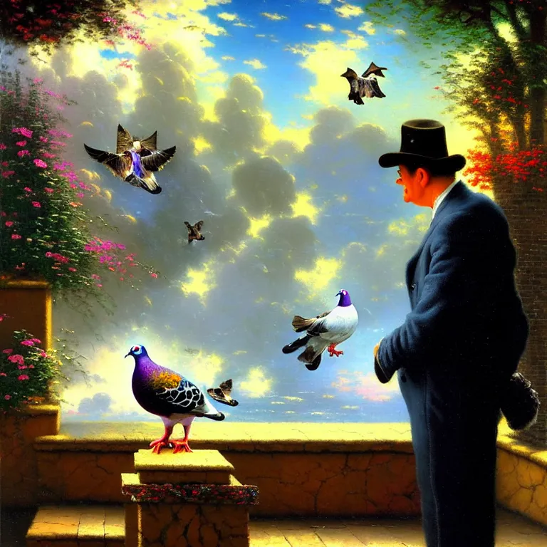 Prompt: a man looking at a pigeon, by thomas kinkade and salvador dali, surreal, oil on canvas, hyper detailed, soft