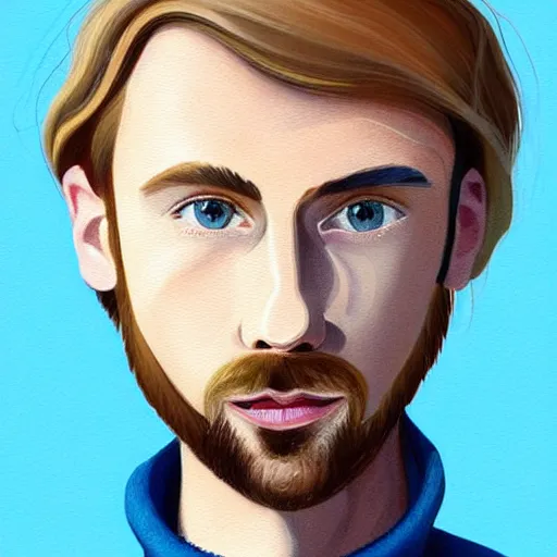 Prompt: gangly middle aged man with short blond brown wavy hair, blond brown stubble thin beard, no mustache, English heritage, blue eyes, middle aged, wearing a turtleneck and jacket, pale skin, frowning, narrow face, digital art, painterly, cartoon, cute, 8k, illustration, art by loish, painterly, trending on artstation, medium shot, uncropped