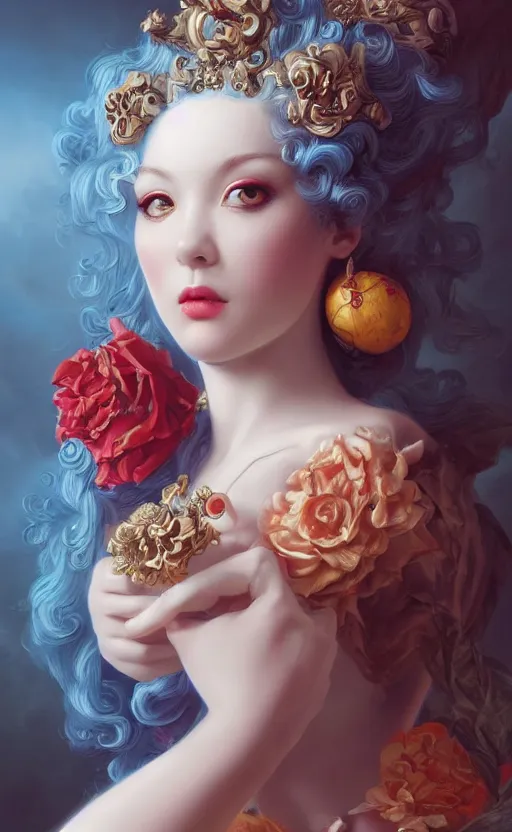 Image similar to pop surrealism, rococo, blue baroque hair, young female seductive - fine - face, pretty face, key visual, realistic shaded perfect face, fine details by stanley artgerm lau, wlop, mark ryden, andrei riabovitchev, marc simonetti, and sakimichan, trending on artstation