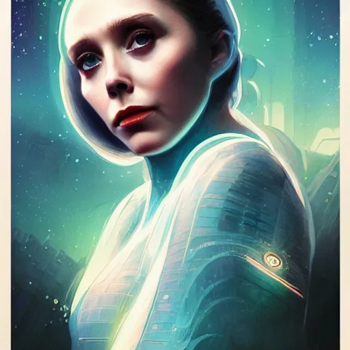 Prompt: Elizabeth Olsen as a stunning , beautiful retro SCI-FI space heroine 1985 , movie poster, intricate, elegant, highly detailed, centered, digital painting, trending on artstation, concept art, smooth, sharp focus, illustration, art by raphael lacoste ,eddie mendoza ,alex ross, WLOP