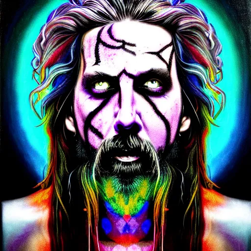 Image similar to An extremely psychedelic portrait of Rob Zombie, surreal, LSD, face, detailed, intricate, elegant, lithe, highly detailed, digital painting, artstation, concept art, smooth, sharp focus, illustration