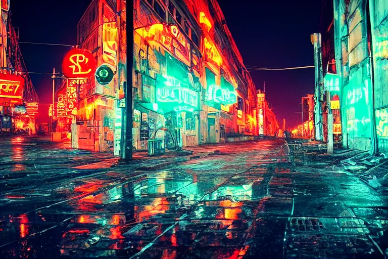 Prompt: a saint - petersburg city street filled with lots of neon signs, cyberpunk art by liam wong, pinterest, shin hanga, anime aesthetic, streetscape, photo taken with ektachrome