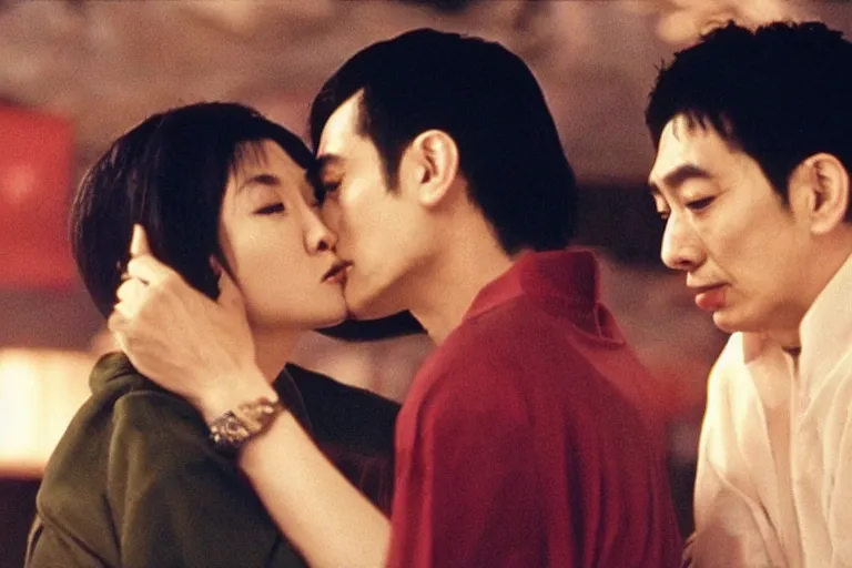 Prompt: wong kar wai kiss movie scene