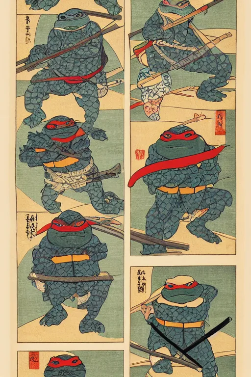 Image similar to Four Teenage Mutant Ninja Turtles, Japanese ukiyo-e ukiyo-ye woodblock print, by Moronobu