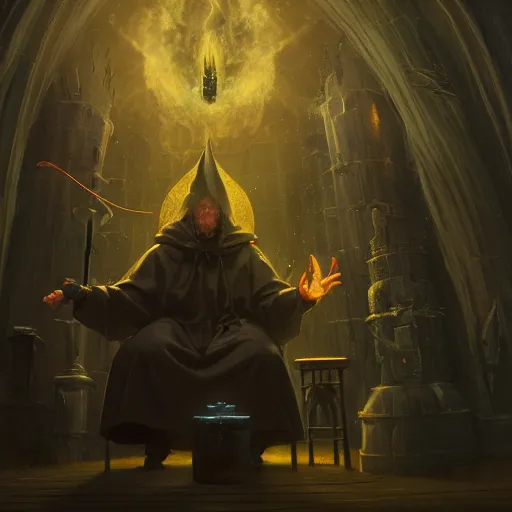 Image similar to a beautiful panting of a dark wizard casting a spell, alchemist lab, hyperrealistic, cinematic atmosphere, epic, artstation, moebius