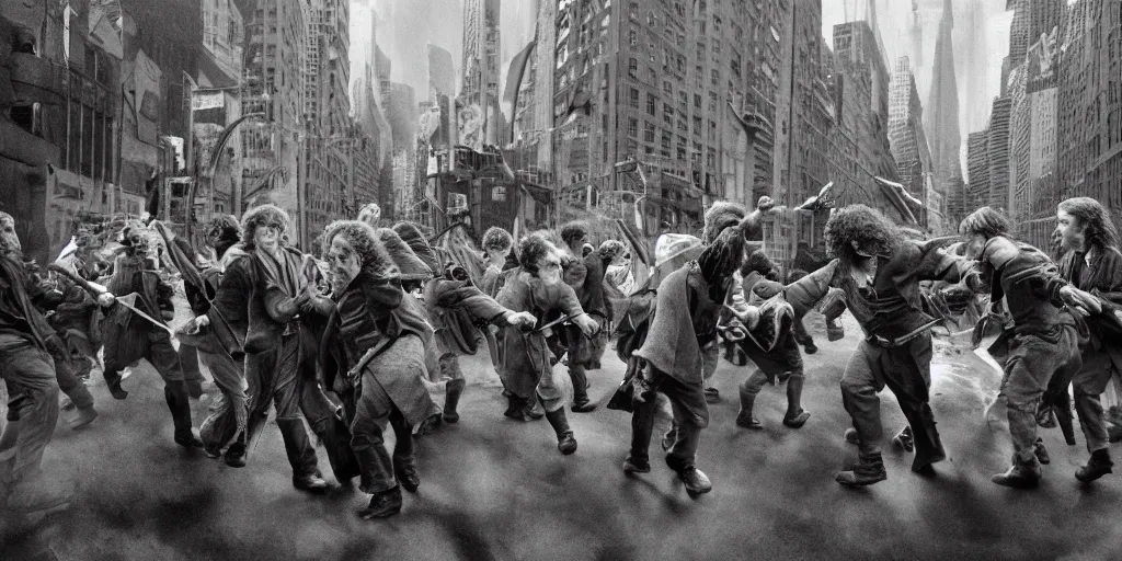 Image similar to hobbits rioting in the streets of new york, surrealism aesthetic, detailed facial expressions