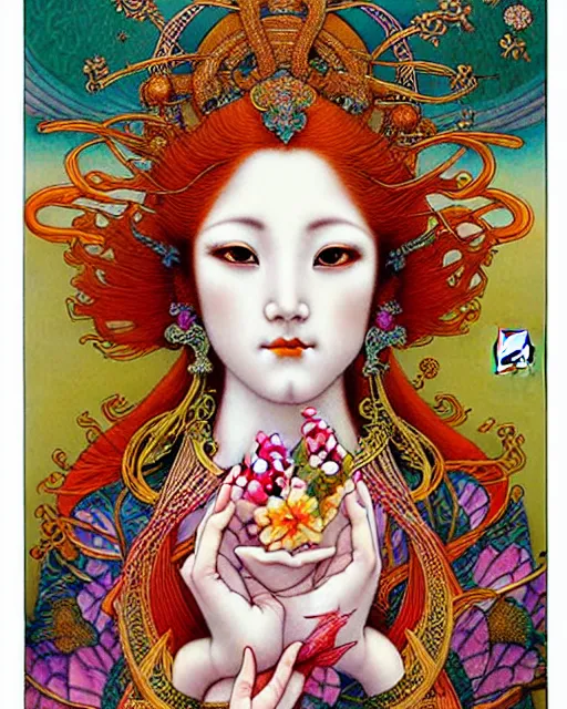 Image similar to beautiful and playful ethereal ginger hindu goddess, art nouveau, fantasy, intricate japanese flower designs, elegant, highly detailed, sharp focus, art by chie yoshii