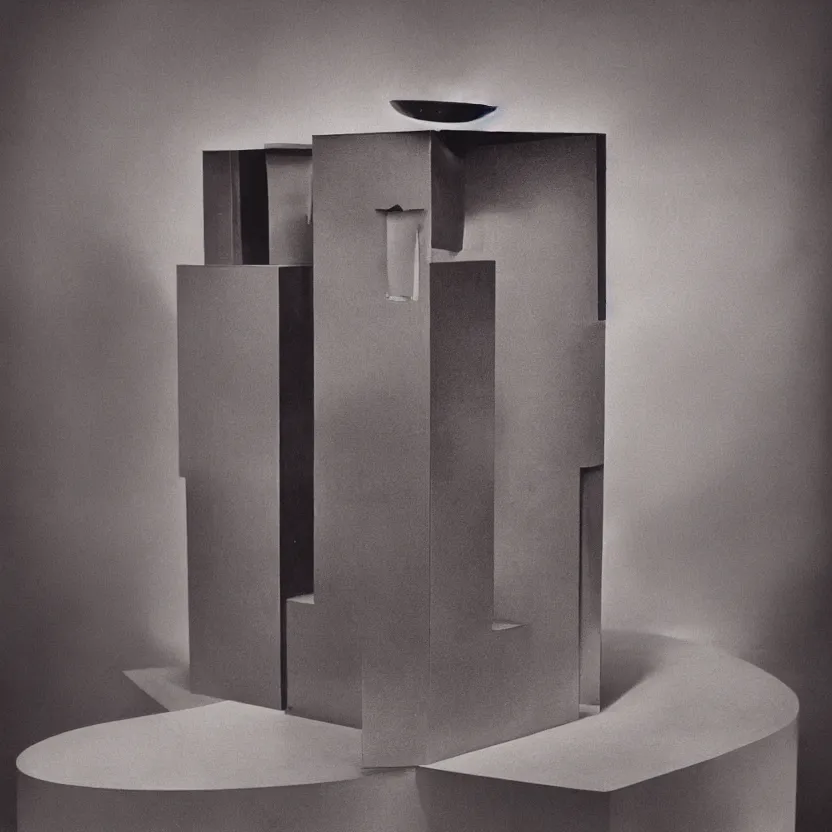 Prompt: an impossible quantum readymade machine named LHOOQ by Marcel Duchamp on a pedestal, packshot, by Irving Penn, Man Ray, color bleed, light leak, 4k