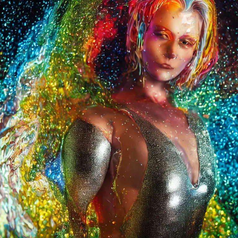 Image similar to octane render portrait by wayne barlow and carlo crivelli and glenn fabry, a woman wearing a clear plastic inflated suit full of colorful thick fluid full of glitter, inside an underground soviet dance club, fog and atmospheric lighting, light beams, cinema 4 d, ray traced lighting, very short depth of field, bokeh