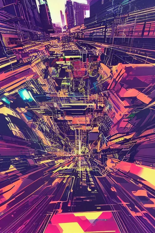 Prompt: wideangle action, parkour runner, flow zone, decoherence, synthwave, glitch!!, fracture, vortex, realistic, hyperdetailed, concept art, golden hour, art by syd mead, cubism