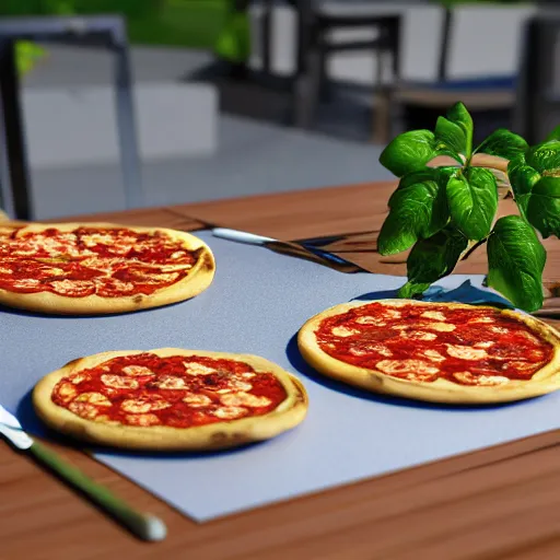 Prompt: A table with pizza and a glass vine next to it, realistic, ultra high detail, 8k.