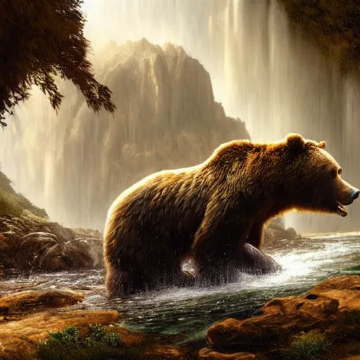 Image similar to a monstrous giant grizzly bear inside of a cave near a waterfall, highly detailed matte painting, sense of awe