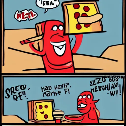 Prompt: sentient pizza rebelling against pizza hut, cartoon, high quality