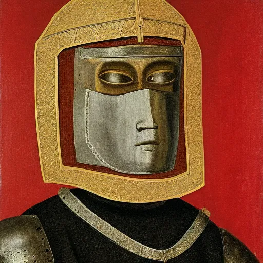 Prompt: a portrait of a 15th-century knight, oil painting, armet, cfg_scale 10