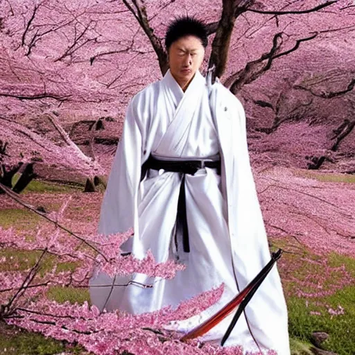 Prompt: a beautiful White cloaked Samurai Warrior with Sword Drawn in a garden of Cherry Blossom Trees :: Mystical, Magical, Supernatural :: by Mitsuru Adachi