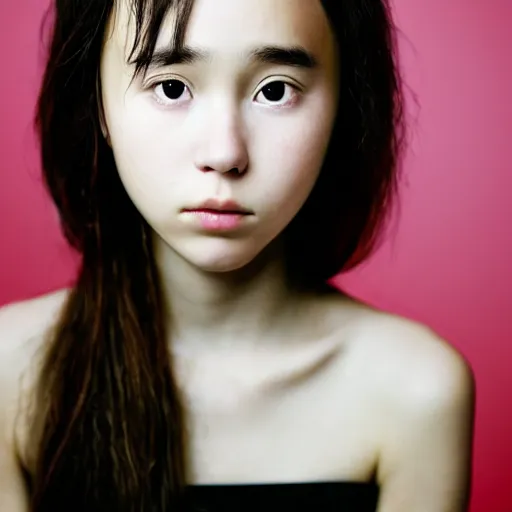 Image similar to a masterpiece portrait photo of a beautiful young woman who looks like a korean ellen page, symmetrical face