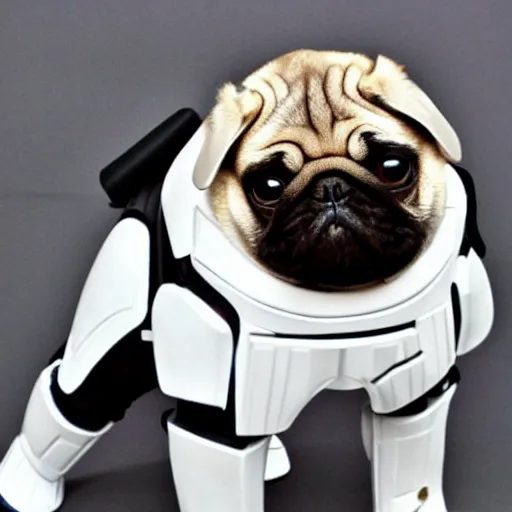 Image similar to a pug wearing stormtrooper armor, photo, detailed