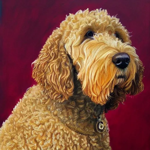 Image similar to portrait of a golden doodle as a queen painting very detailed