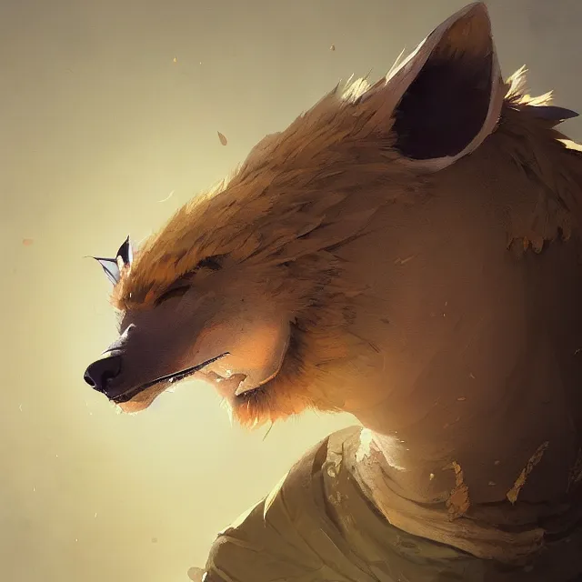 Prompt: a beautiful painting of a handsome male anthropomorph brown hyena furry fursona wearing a hoodie. character design by cory loftis, fenghua zhong, ryohei hase, ismail inceoglu and ruan jia. artstation, volumetric light, detailed, photorealistic, rendered in octane