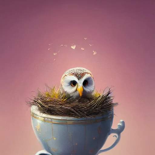 Image similar to long shot of a very cute owl chick nesting in a very romantique cup, by esao andrews, humorous illustration, hyperrealistic, big depth of field, warm colors, night scenery, low light, 3 d octane render, 4 k, conceptart, hyperdetailed, hyperrealistic, trending on artstation