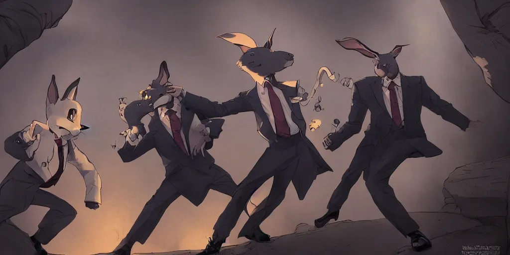 Image similar to two rabbits in suits are fighting, cartoonish, zenith view, warm color palette, night time, dramatic lighting, noir film, fine details, high contrast, blacksad, kim jung gi, greg rutkowski, trending on artstation, 8 k, ultra wide angle