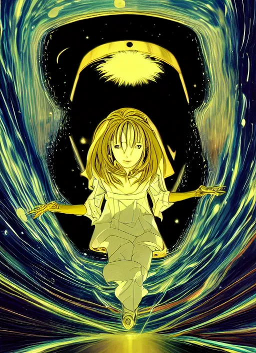 Prompt: a golden woman 2/3 figurative anime portrait, in space, head breaking apart and spiraling geometry into the sky upwards into another dimension, lazer light beaming down to top of her head, by moebius and Yoshitaka amano