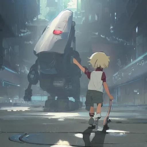 Image similar to a little boy holding hands with an enormous robot. detailed. by makoto shinkai. krzysztof maziarz. greg rutkowski