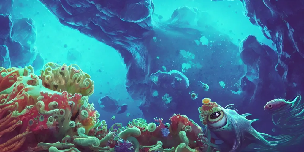 Image similar to of a colorful cloudy deep sea under water with strange cute friendly happy creatures with huge eyes, mouth, long tongue and round teeth appearing from sandy coral, in the style of gehry and gaudi, macro lens, shallow depth of field, highly detailed, digital painting, trending artstation, concept art, illustration, cinematic lighting, photorealism, epic, octane render