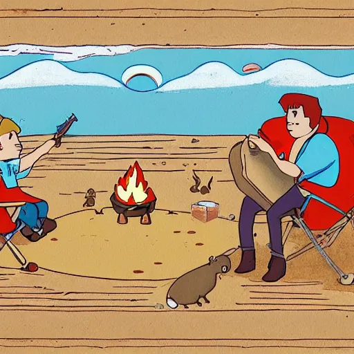 Prompt: capybaras camping on the seaside and one is playing guitar around the fire by yuga labs and by pendleton ward