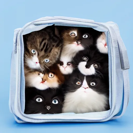 Prompt: photo of a transparent bag full of cats, white background, studio lighting, 4 k, 8 k