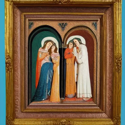 Prompt: religious painting of 3 women at a tomb. two angels in the background