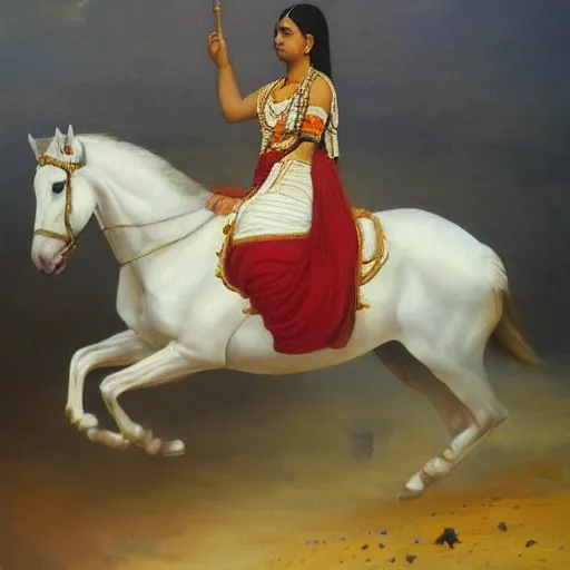 Image similar to a painting of a woman riding a white horse, an oil on canvas painting by raja ravi varma, featured on deviantart, qajar art, detailed painting, oil on canvas, acrylic art