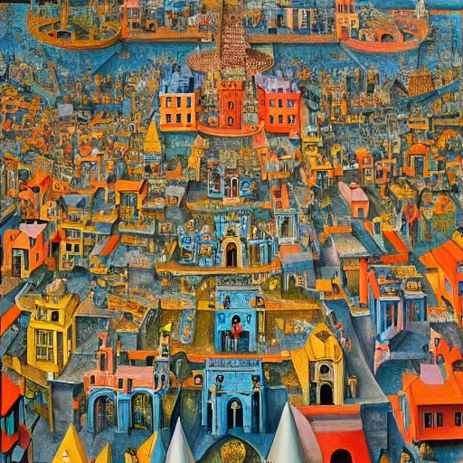 Prompt: a highly detailed intricate and brightly colored painting of a medieval city by Jackson Pollack and Bosch and Dali and MC Escher, exquisite, masterpiece, apotheosis, 4K, very detailed