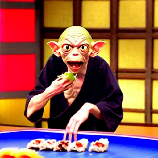 Image similar to gollum from lord of the rings eating sushi on a japanese game show