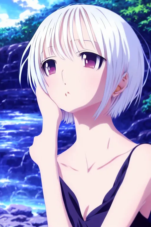 Image similar to anime art full body portrait character concept art, anime key visual of elegant young female, platinum blonde straight bangs and large eyes, finely detailed perfect face delicate features directed gaze, laying on back near a waterfall, arms crossed behind head, trending on pixiv fanbox, studio ghibli, extremely high quality artwork