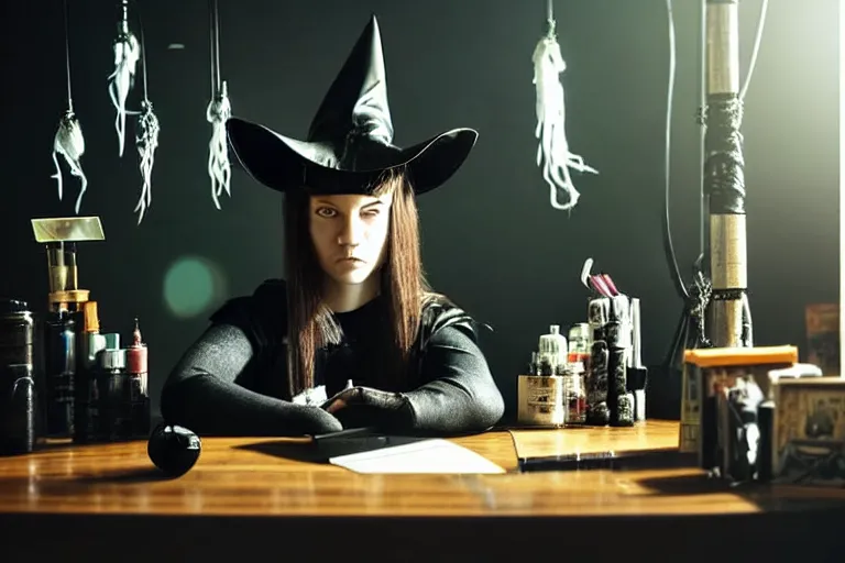 Image similar to close up photo, dramatic lighting, concentration, calm confident cyberpunk teen witch and her cat, tarot cards displayed on the table in front of her, sage smoke, magic wand, a witch hat and cape, apothecary shelves in the background, by yoji shinkawa, black and white