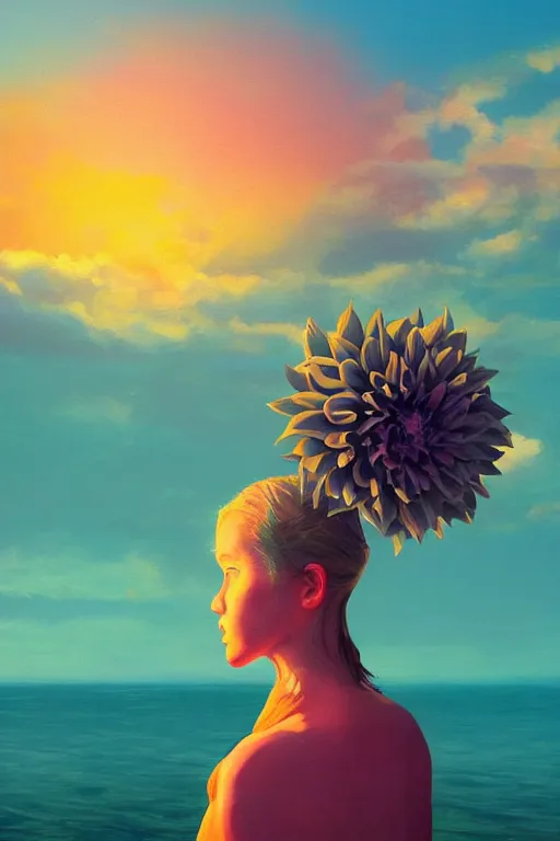 Image similar to closeup girl with huge dahlia flower head, on beach, surreal photography, blue sky, sunrise, dramatic light, impressionist painting, digital painting, artstation, simon stalenhag