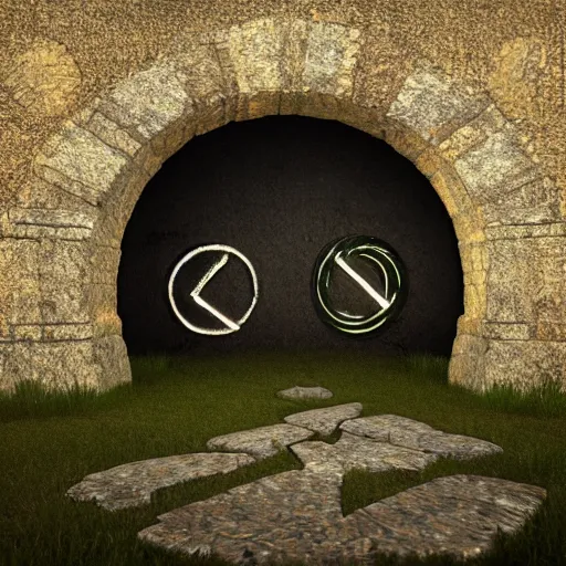 Prompt: circular stone portal with glowing runes and a different world beyond::2, night, mystical lights, octane render, cinematic lighting, epic, style of John Howe, Tolkien