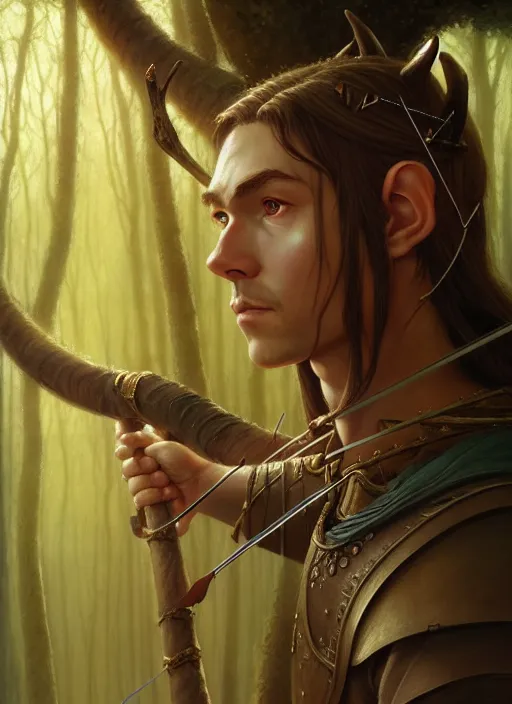 Image similar to a film still portrait of a deer elven archer, finely detailed features, cinematic lighting, perfect art, brian jacques redwall woodland, forest, intricate, artstation, trending on pixiv fanbox, painted by brian jacques greg rutkowski, studio ghibli, fantasy, 4 k