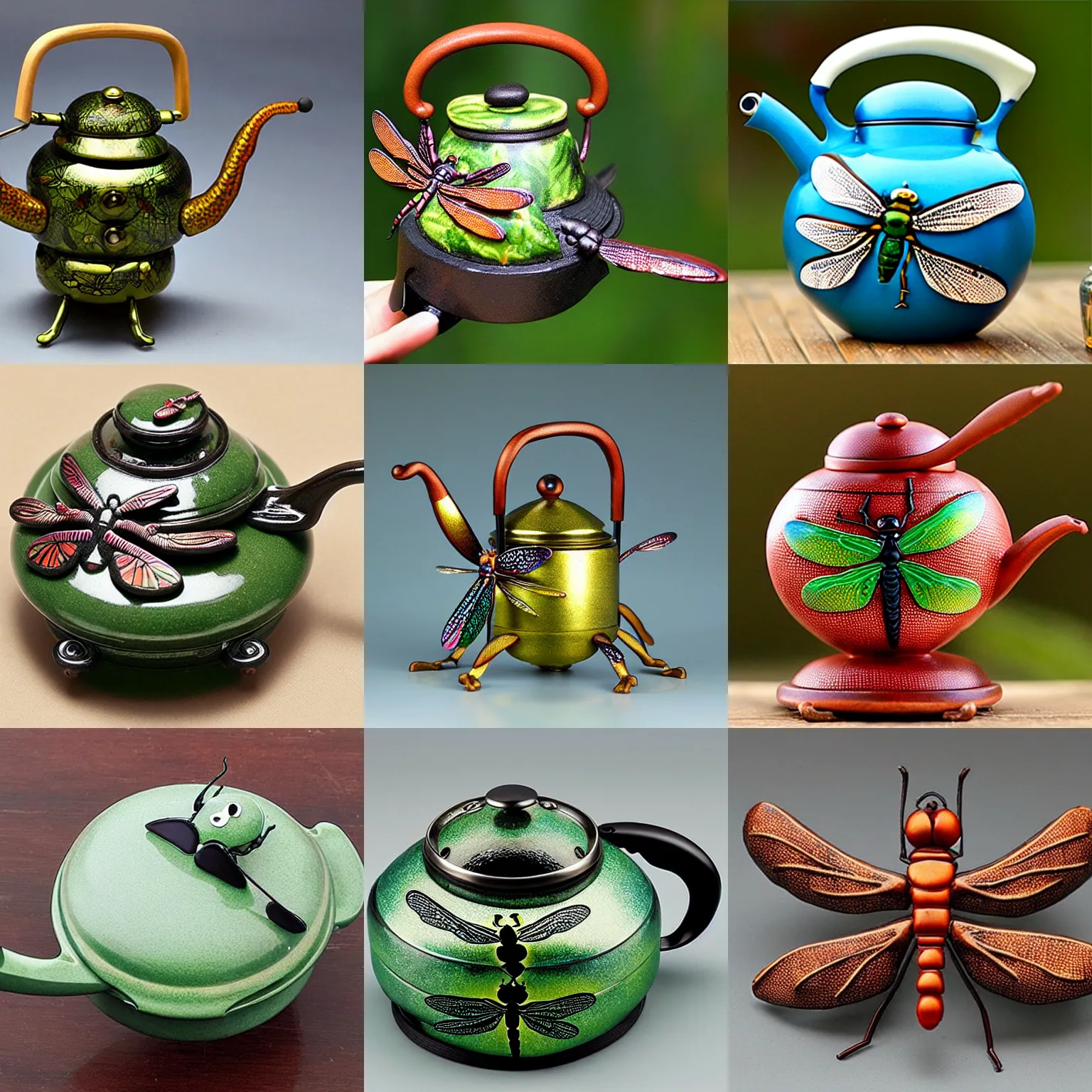 Prompt: , an artisan custom-made dragonfly-teakettle insect-shaped