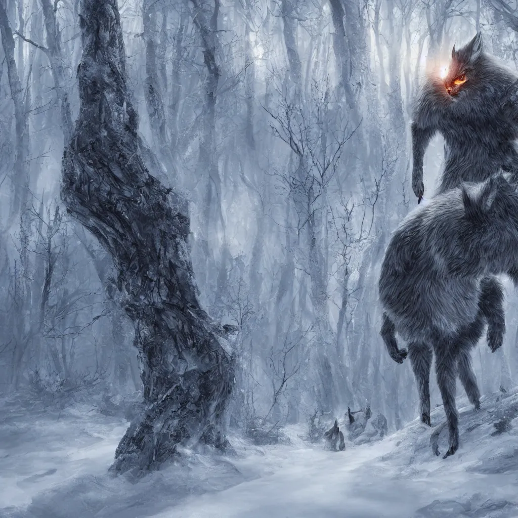 Image similar to silver fox with burning eyes walking on snow, forest, hyperdetailed, artstation, cgsociety, 8 k